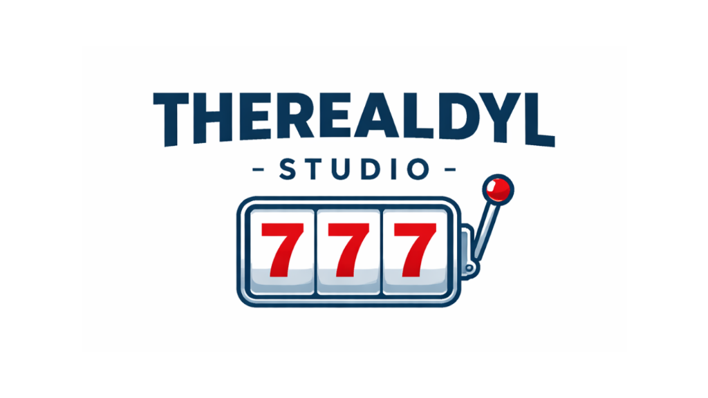 Logo of THEREALDYL Studio with a slot machine design on a white background